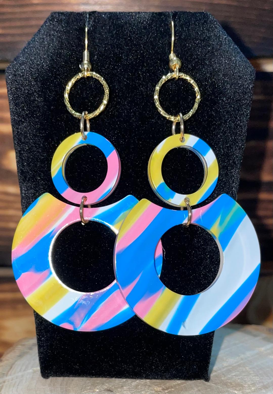 NEW Retro Rainbow Cotton Candy Pink Blue Yellow Double Circle Acrylic Earrings