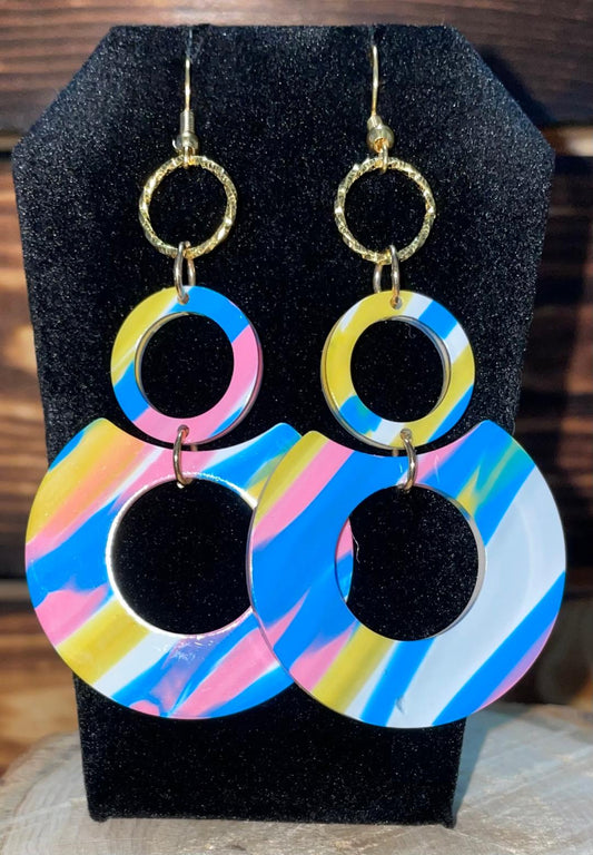 NEW Retro Rainbow Cotton Candy Pink Blue Yellow Double Circle Acrylic Earrings