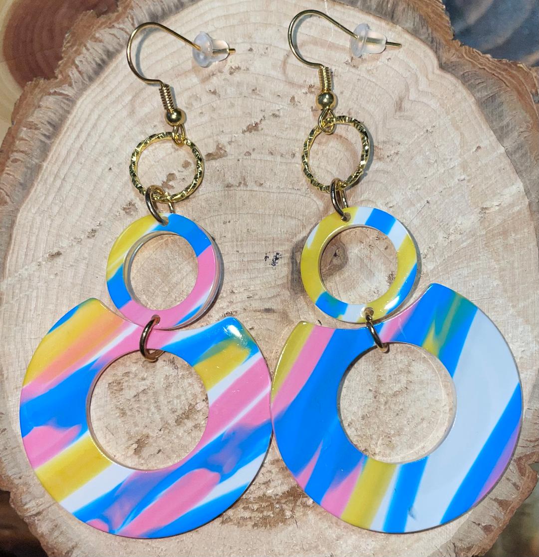NEW Retro Rainbow Cotton Candy Pink Blue Yellow Double Circle Acrylic Earrings