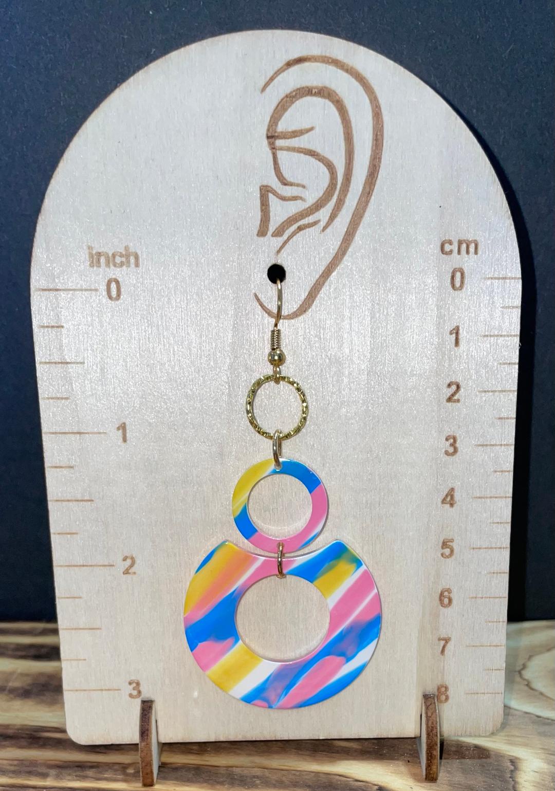 NEW Retro Rainbow Cotton Candy Pink Blue Yellow Double Circle Acrylic Earrings