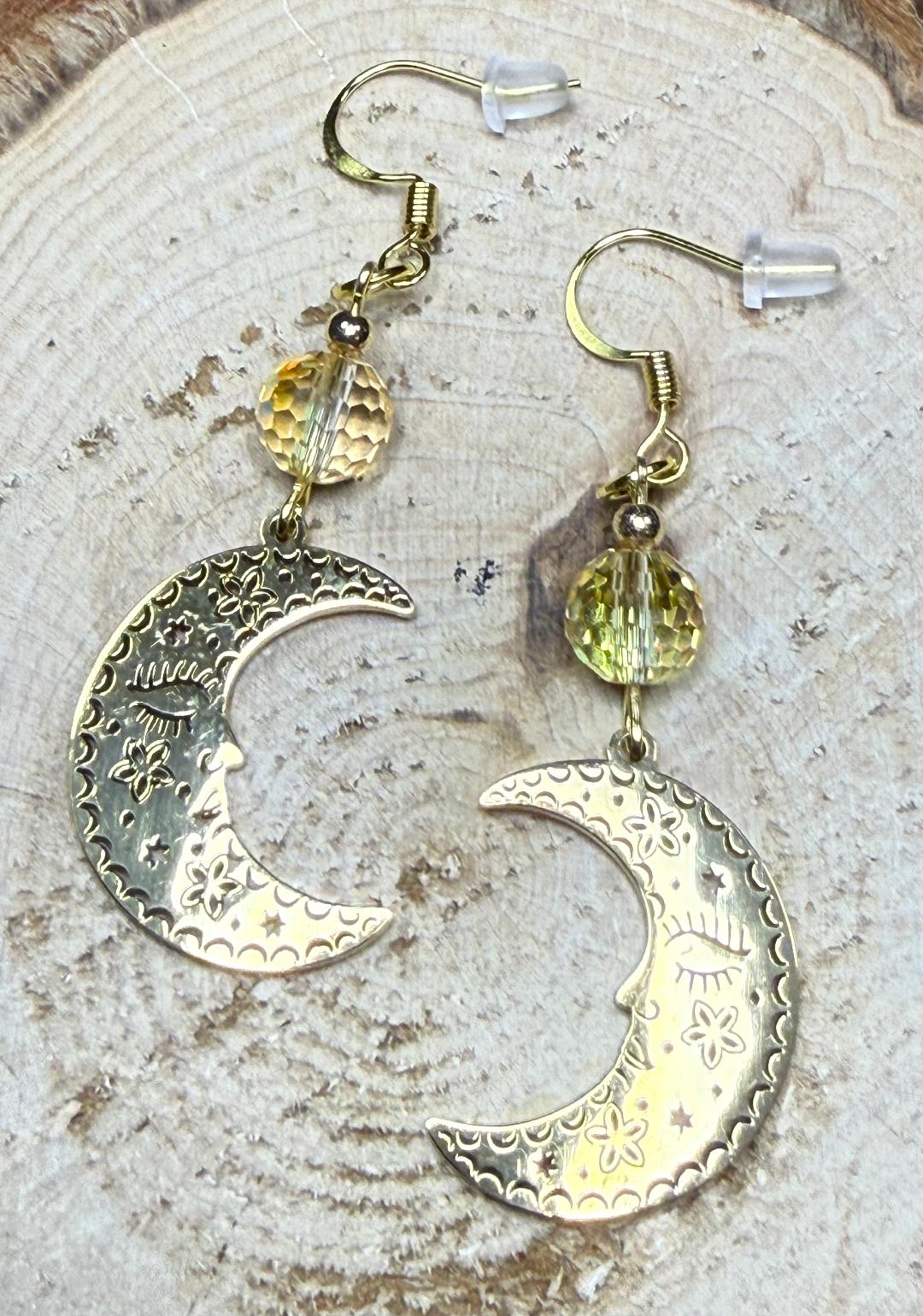 NEW Gold Stainless Steel Sleeping Crescent Moon Earrings w/ Faceted Glass Beads