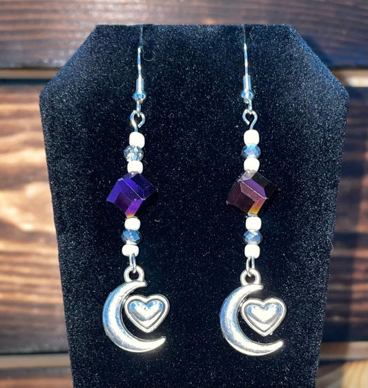 NEW Crescent Moon, Heart, Beads - Drop Dangle Earrings