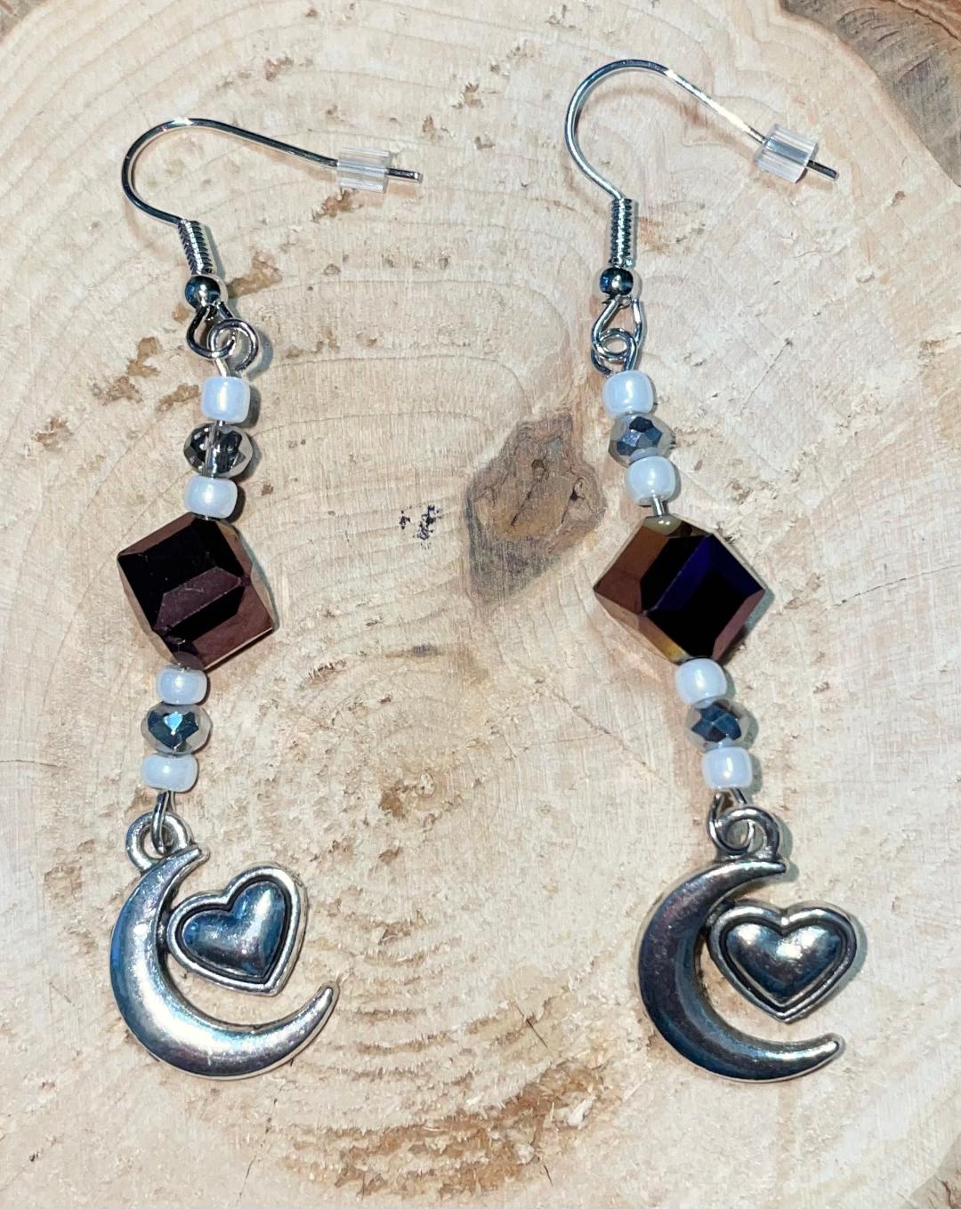 NEW Crescent Moon, Heart, Beads - Drop Dangle Earrings