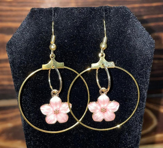 NEW Double Hoop Gold Tone Earrings w/ Pink Blossom Flower