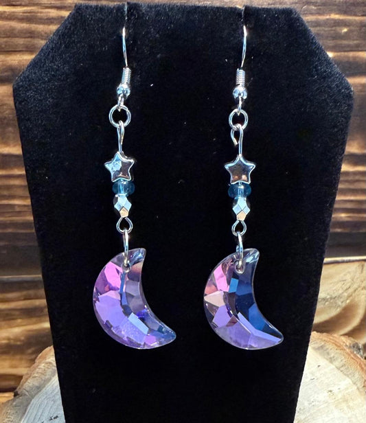 NEW Purple & Blue Iridescent Glass Moon Charm Earrings