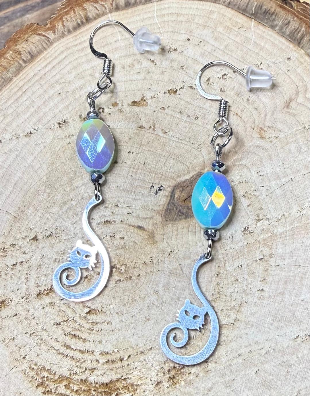 NEW Curled Tail Stainless Steel Cat Charm Earrings w/ Blue Glass Gemcut Beads