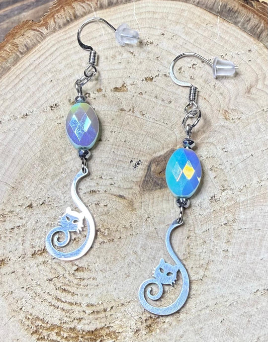 NEW Curled Tail Stainless Steel Cat Charm Earrings w/ Blue Glass Gemcut Beads