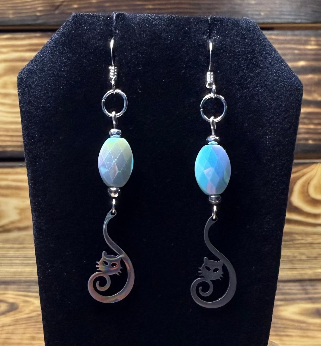 NEW Curled Tail Stainless Steel Cat Charm Earrings w/ Blue Glass Gemcut Beads