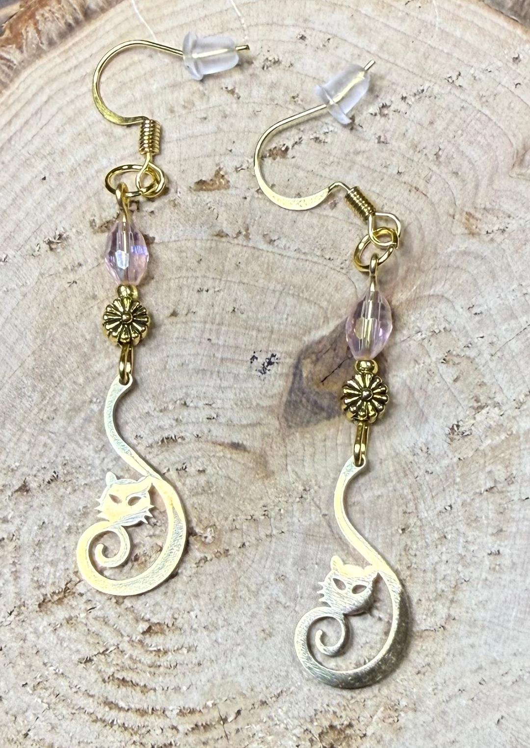 NEW Curled Tail Stainless Steel Cat Charm Earrings w/ Flower & Pale Pink Beads