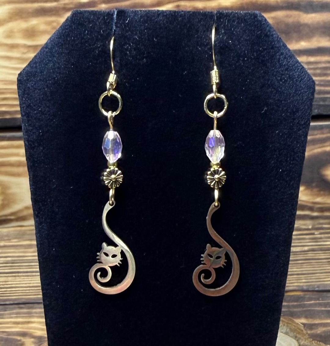 NEW Curled Tail Stainless Steel Cat Charm Earrings w/ Flower & Pale Pink Beads
