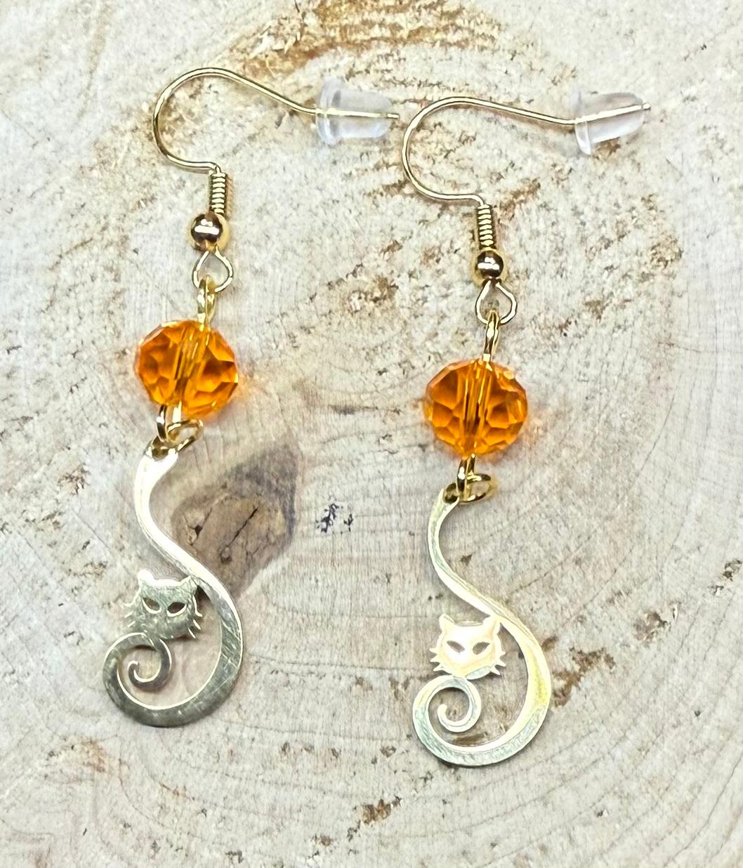 NEW Curled Tail Stainless Steel Cat Charm Earrings w/ Orange Glass Faceted Beads