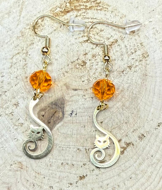 NEW Curled Tail Stainless Steel Cat Charm Earrings w/ Orange Glass Faceted Beads