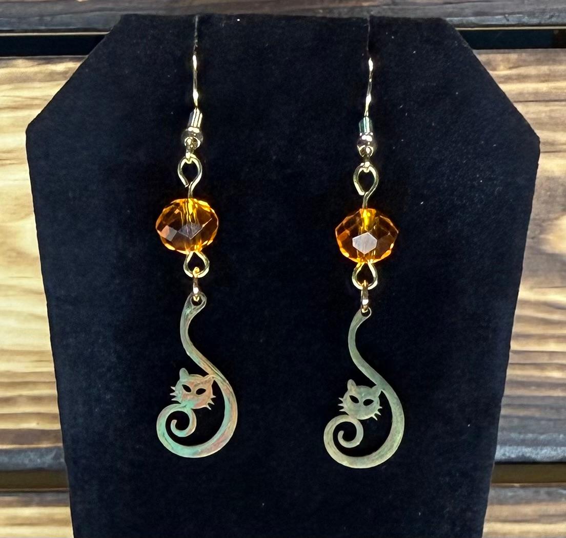 NEW Curled Tail Stainless Steel Cat Charm Earrings w/ Orange Glass Faceted Beads
