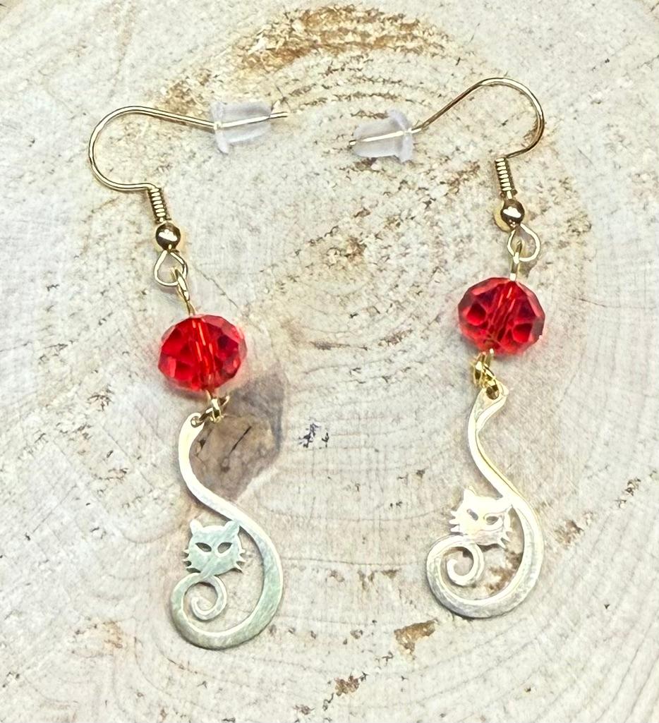 NEW Curled Tail Stainless Steel Cat Charm Earrings w/ Red Glass Faceted Beads