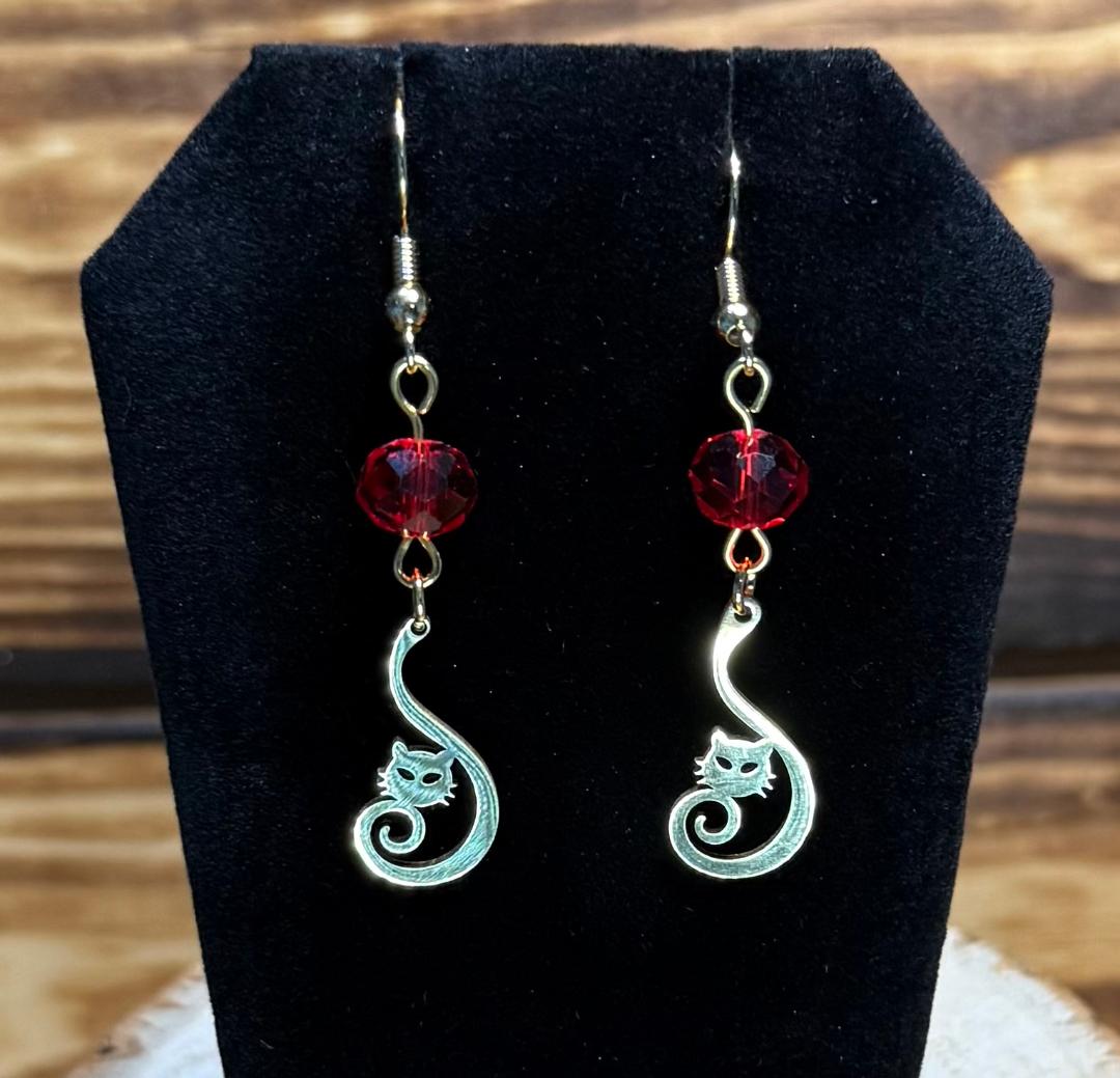 NEW Curled Tail Stainless Steel Cat Charm Earrings w/ Red Glass Faceted Beads