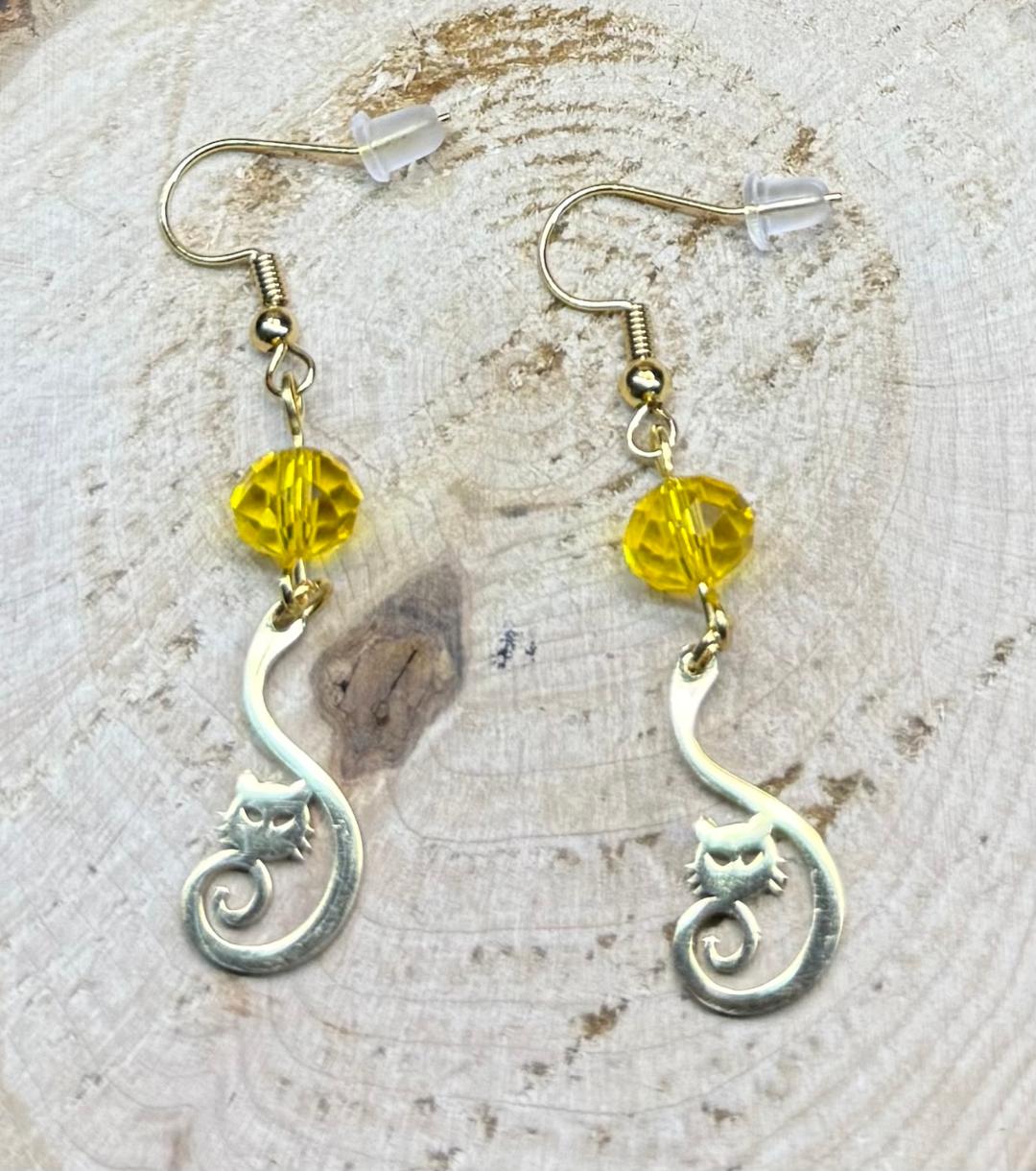 NEW Curled Tail Stainless Steel Cat Charm Earrings w/ Yellow Glass Faceted Beads