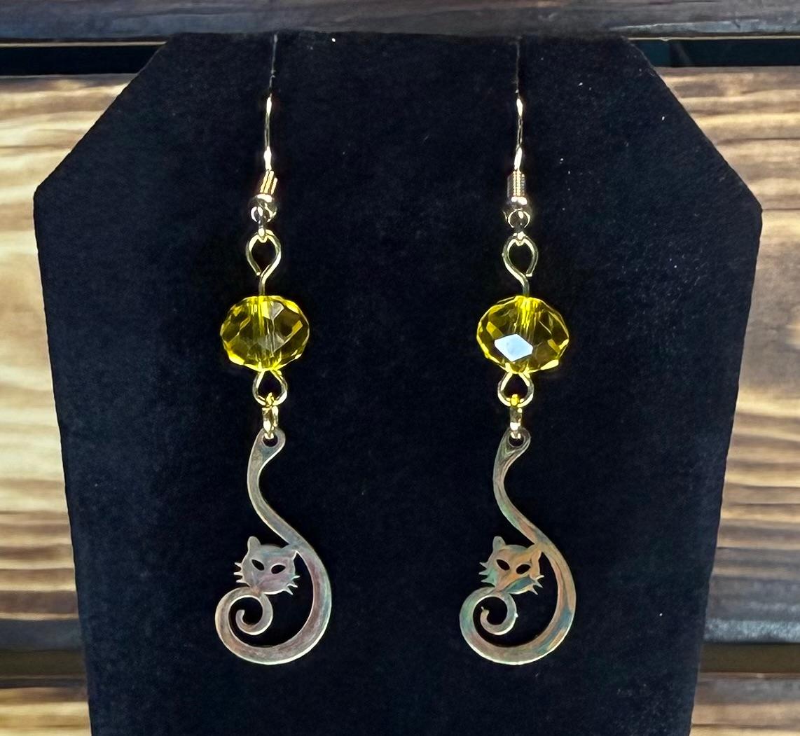 NEW Curled Tail Stainless Steel Cat Charm Earrings w/ Yellow Glass Faceted Beads