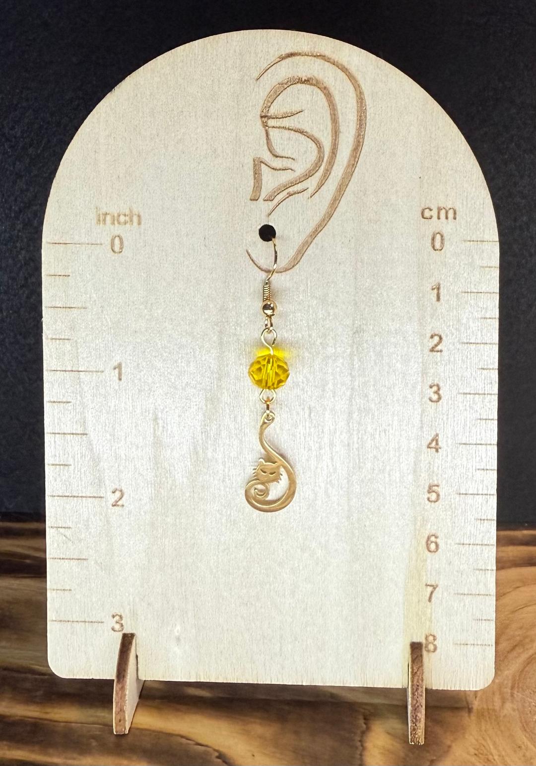 NEW Curled Tail Stainless Steel Cat Charm Earrings w/ Yellow Glass Faceted Beads