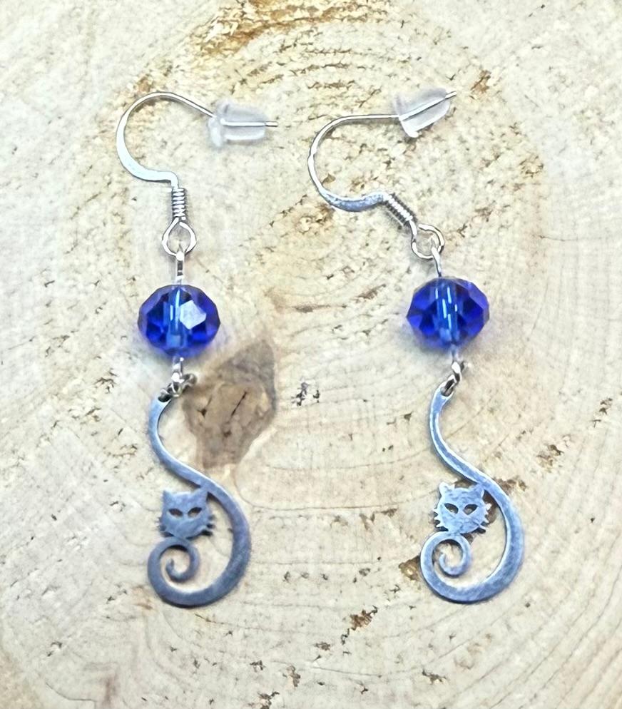 NEW Curled Tail Stainless Steel Cat Charm Earrings w/ Blue Glass Faceted Beads