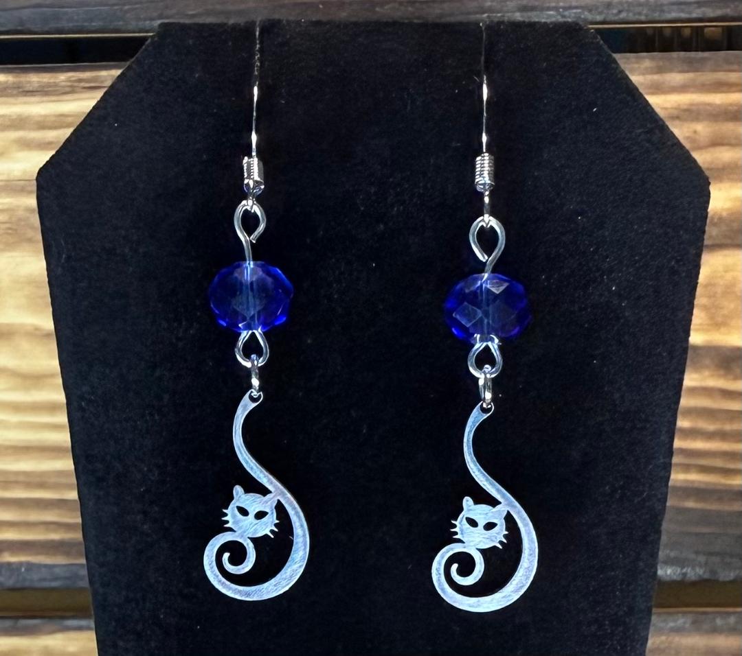 NEW Curled Tail Stainless Steel Cat Charm Earrings w/ Blue Glass Faceted Beads