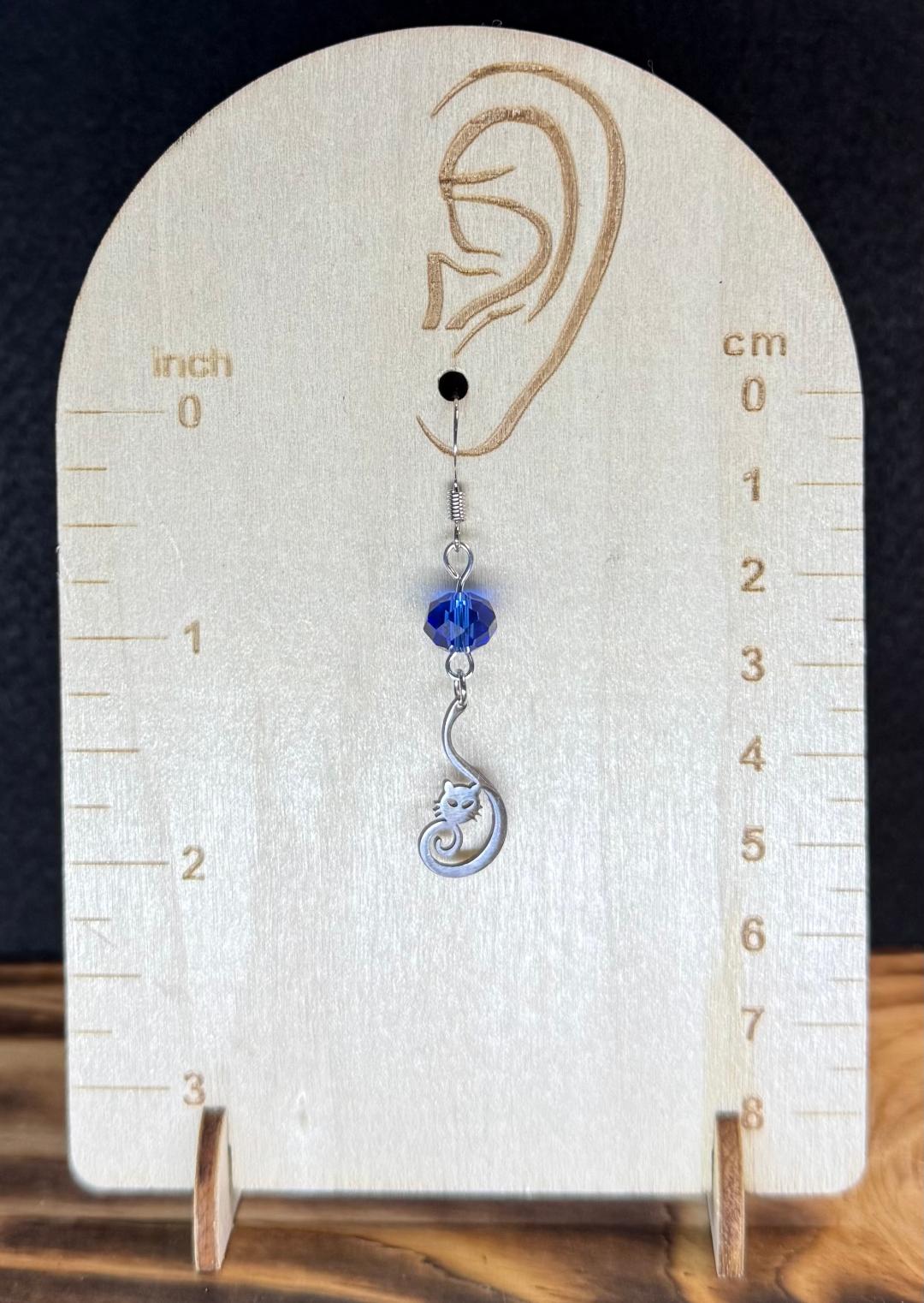 NEW Curled Tail Stainless Steel Cat Charm Earrings w/ Blue Glass Faceted Beads