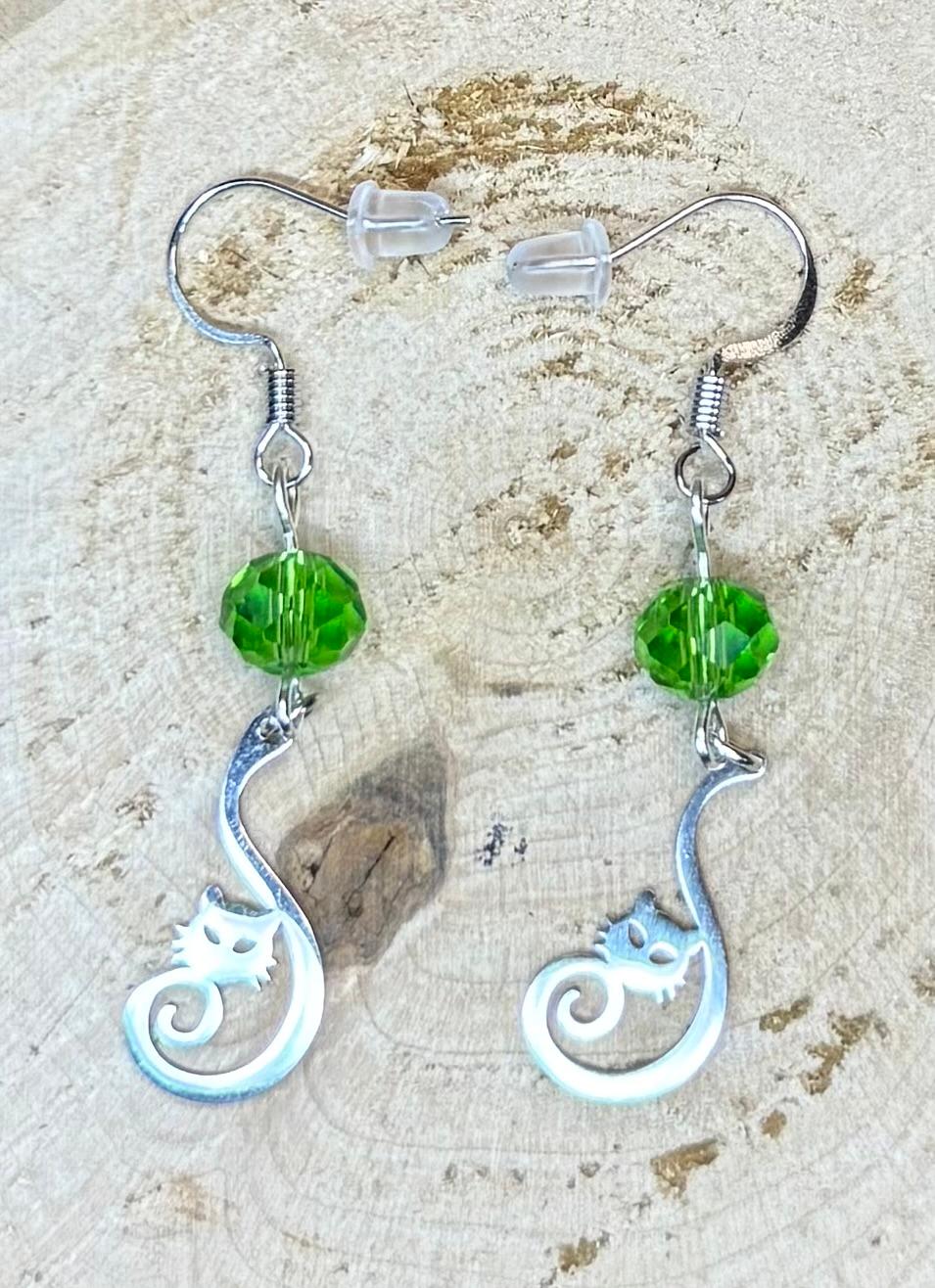 NEW Curled Tail Stainless Steel Cat Charm Earrings w/ Green Glass Faceted Beads