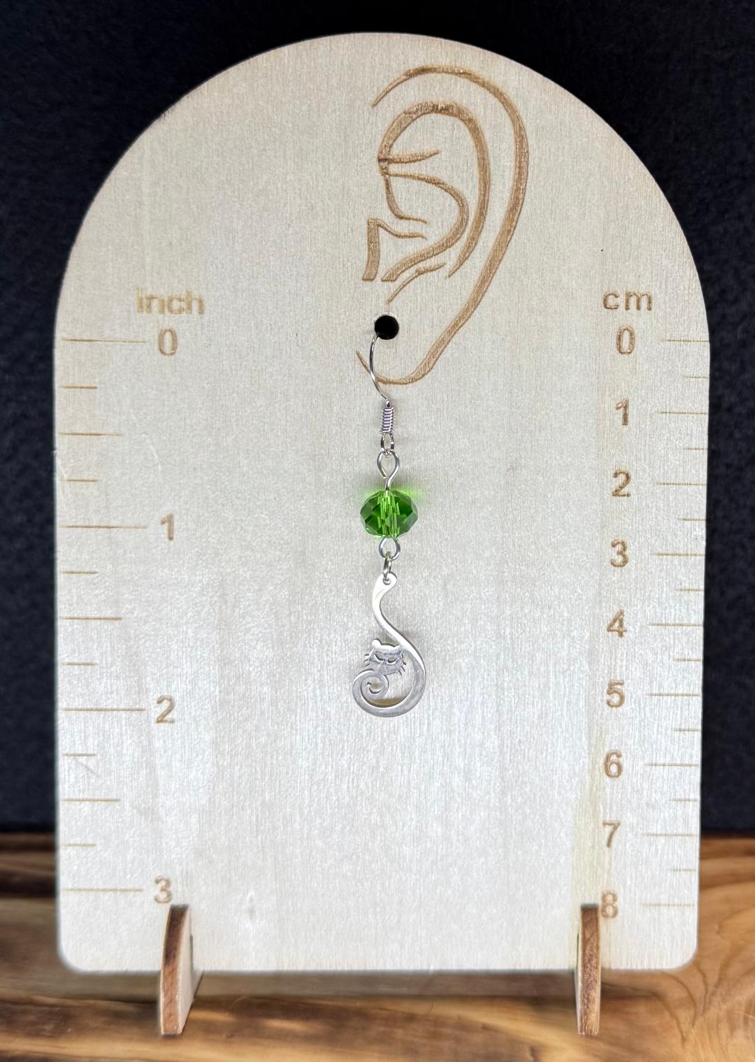 NEW Curled Tail Stainless Steel Cat Charm Earrings w/ Green Glass Faceted Beads