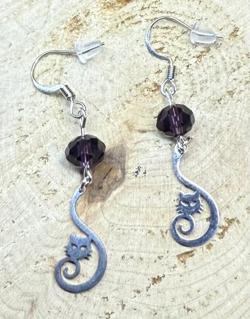 NEW Curled Tail Stainless Steel Cat Charm Earrings w/ Purple Glass Faceted Beads