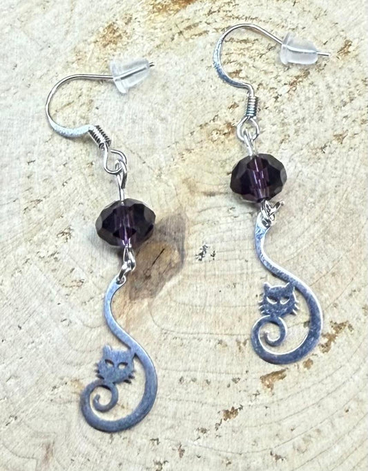 NEW Curled Tail Stainless Steel Cat Charm Earrings w/ Purple Glass Faceted Beads