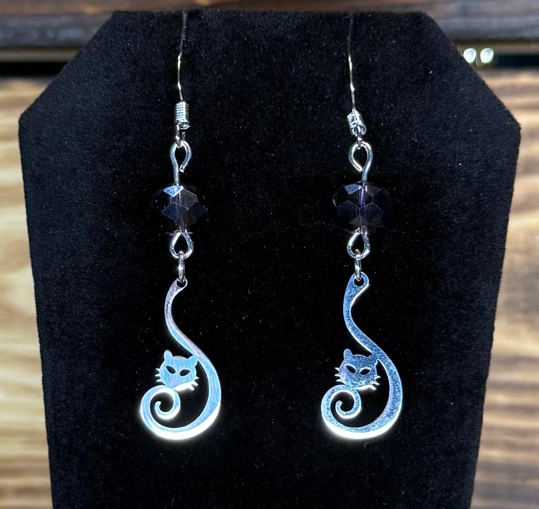 NEW Curled Tail Stainless Steel Cat Charm Earrings w/ Purple Glass Faceted Beads