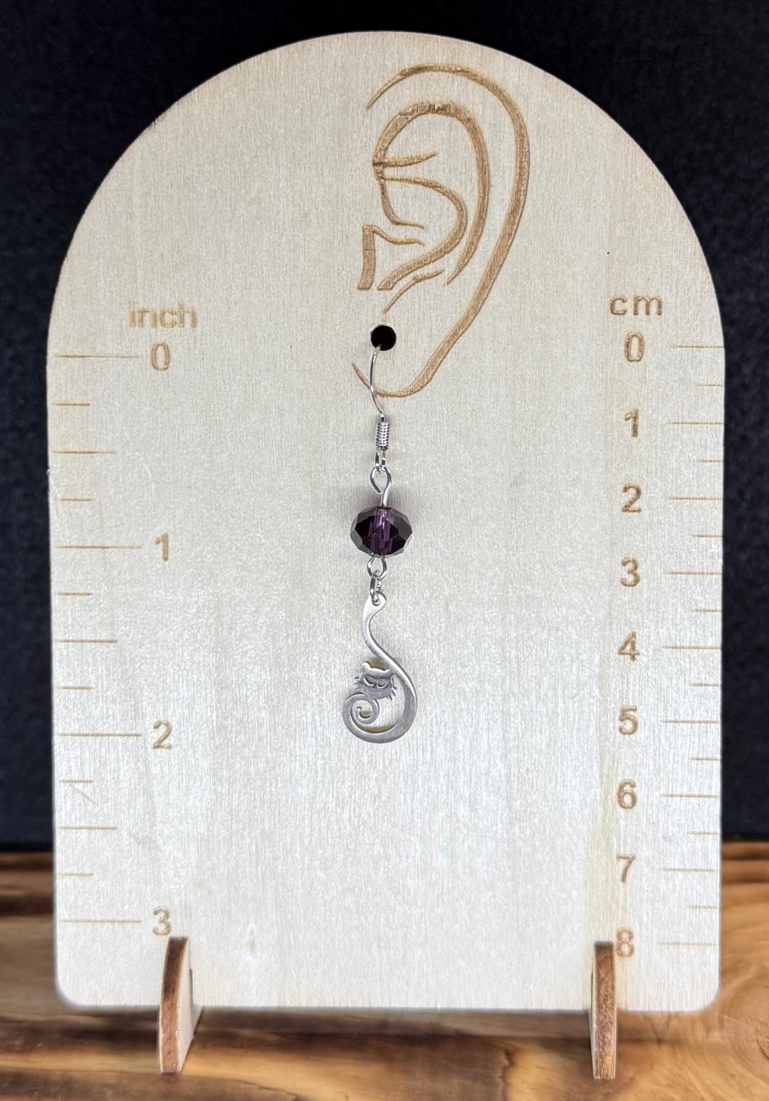 NEW Curled Tail Stainless Steel Cat Charm Earrings w/ Purple Glass Faceted Beads