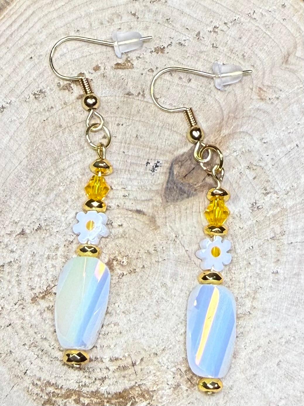 NEW Tiny Daisy Charm Earrings w/ Large White Pearlized Glass Beads