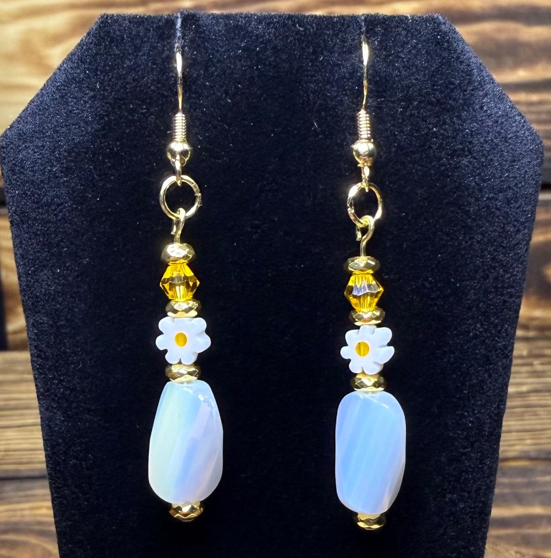 NEW Tiny Daisy Charm Earrings w/ Large White Pearlized Glass Beads