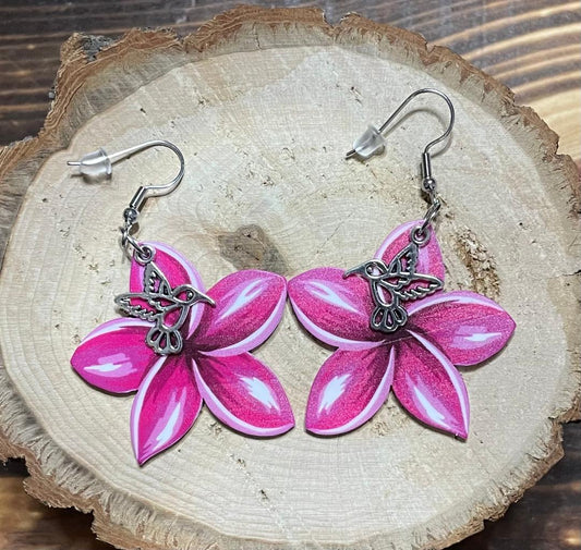 NEW Dark Pink Double Sided Acrylic Flower Earrings w/ Hummingbird Accent Charms