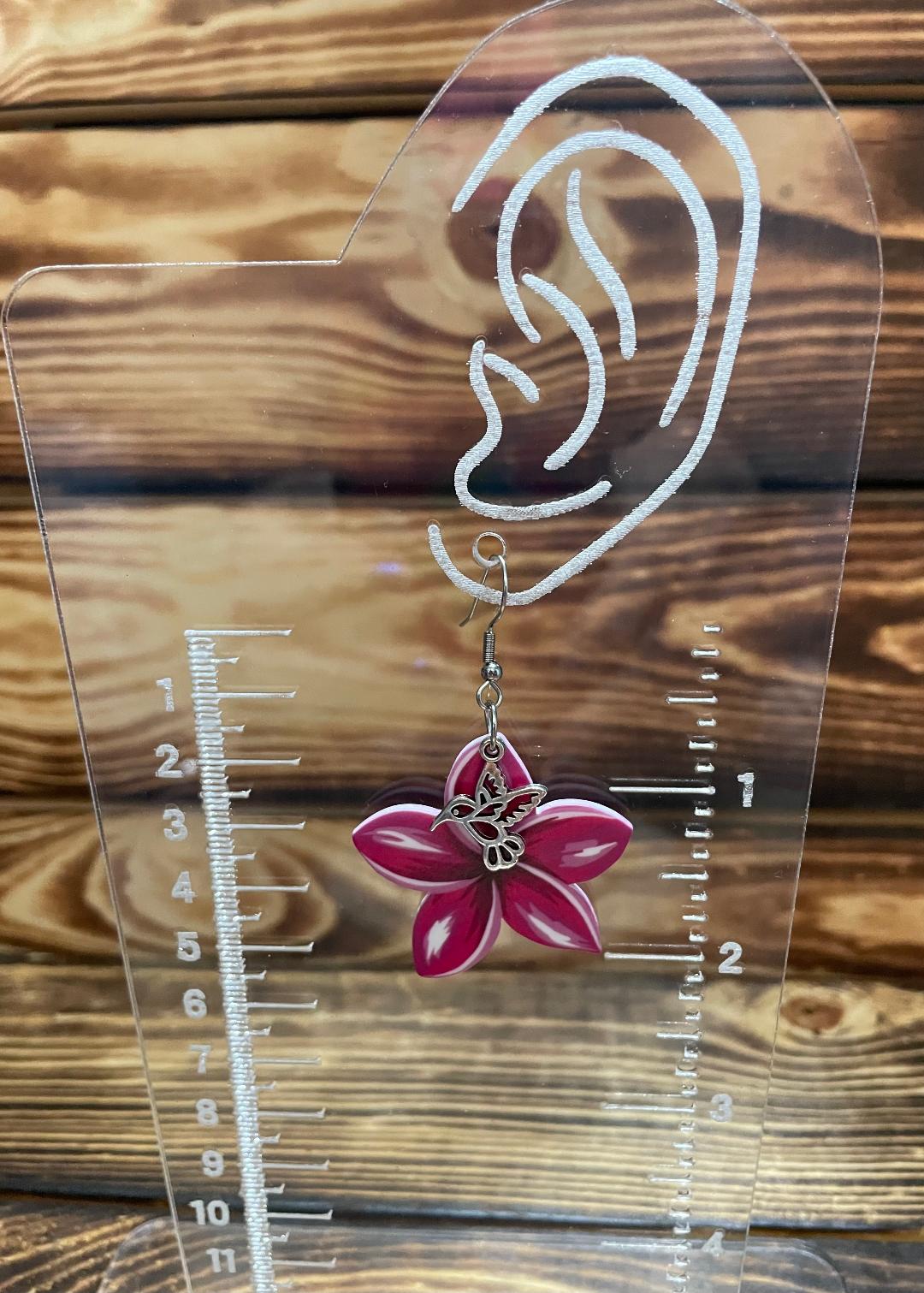 NEW Dark Pink Double Sided Acrylic Flower Earrings w/ Hummingbird Accent Charms