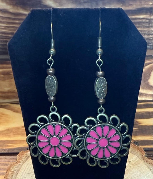 NEW Bronze Circle Charm Flower Earrings w/ Dark Pink Enamel