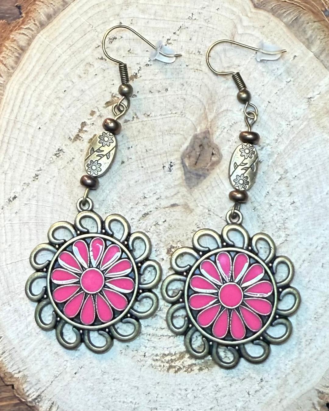 NEW Bronze Circle Charm Flower Earrings w/ Dark Pink Enamel
