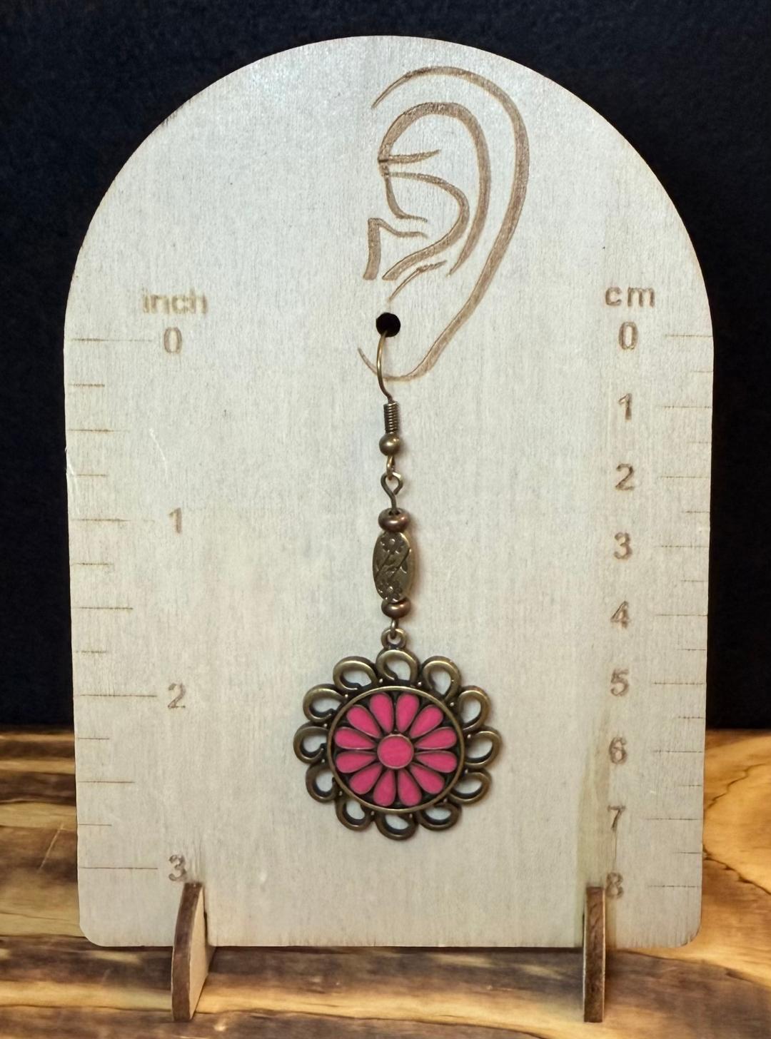 NEW Bronze Circle Charm Flower Earrings w/ Dark Pink Enamel