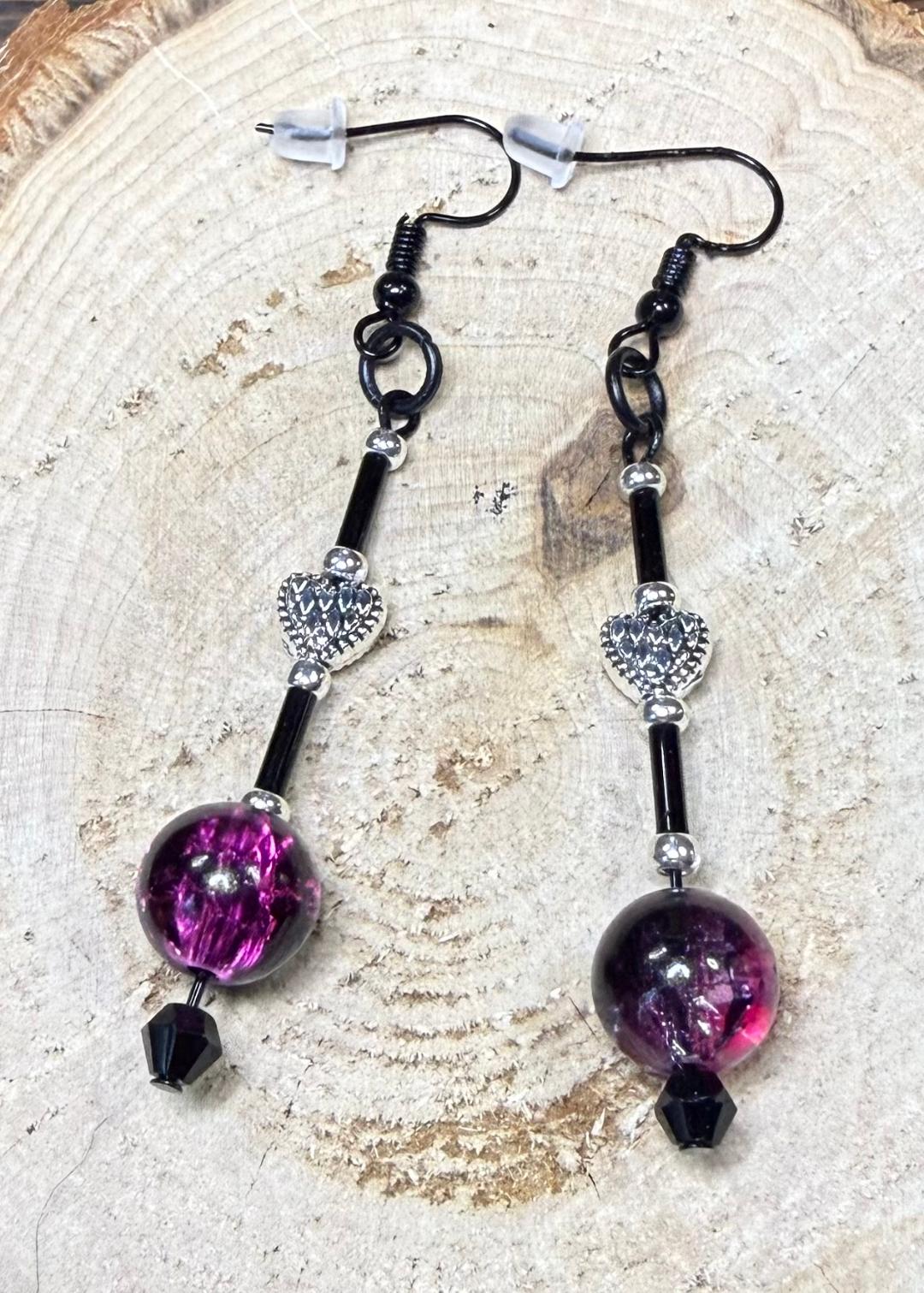 NEW Gothic Dark Pink Glass Bead Earrings w/ Filigree Heart