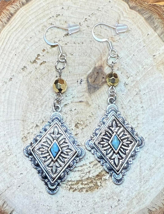 NEW Diamond Shape Earrings w/ Faux Turquoise Center