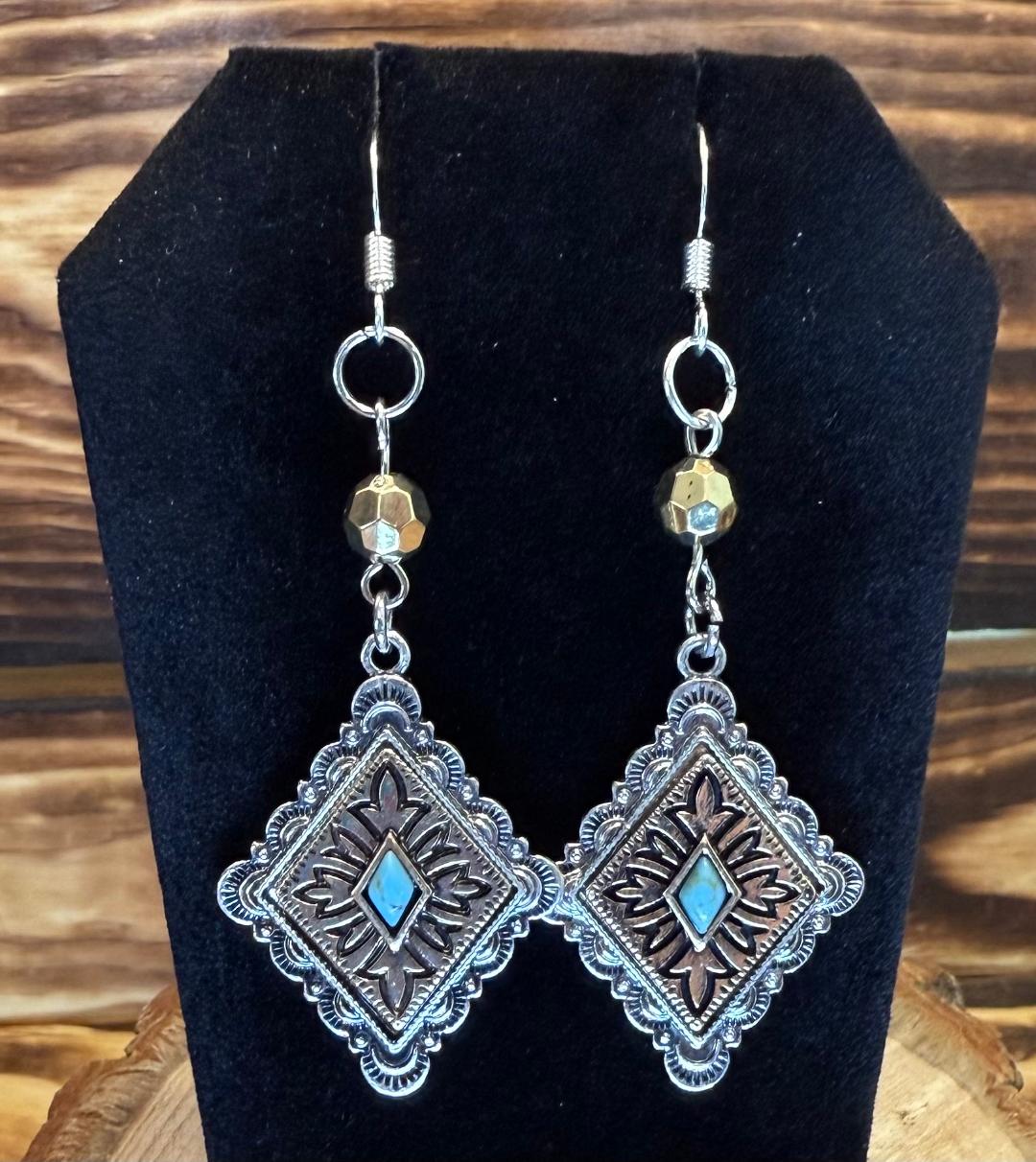 NEW Diamond Shape Earrings w/ Faux Turquoise Center
