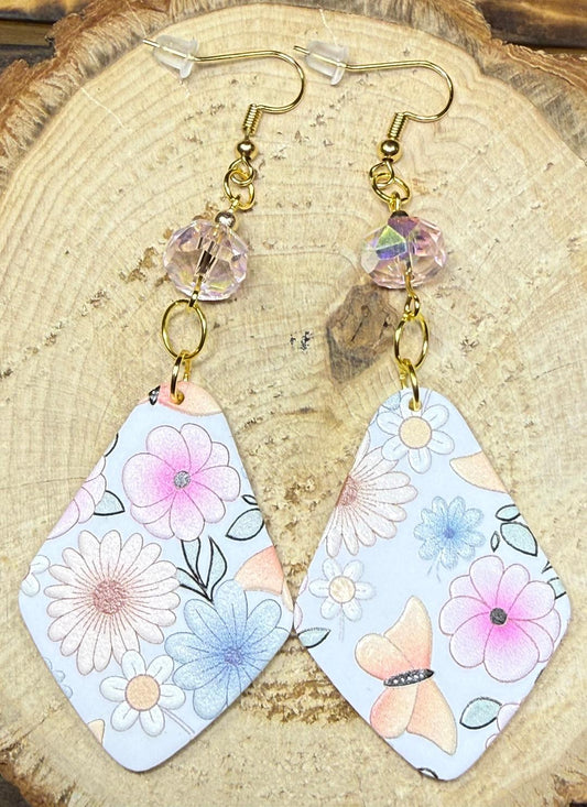 NEW Diamond Shape Floral Charm Earrings w/ Pink Glass Beads