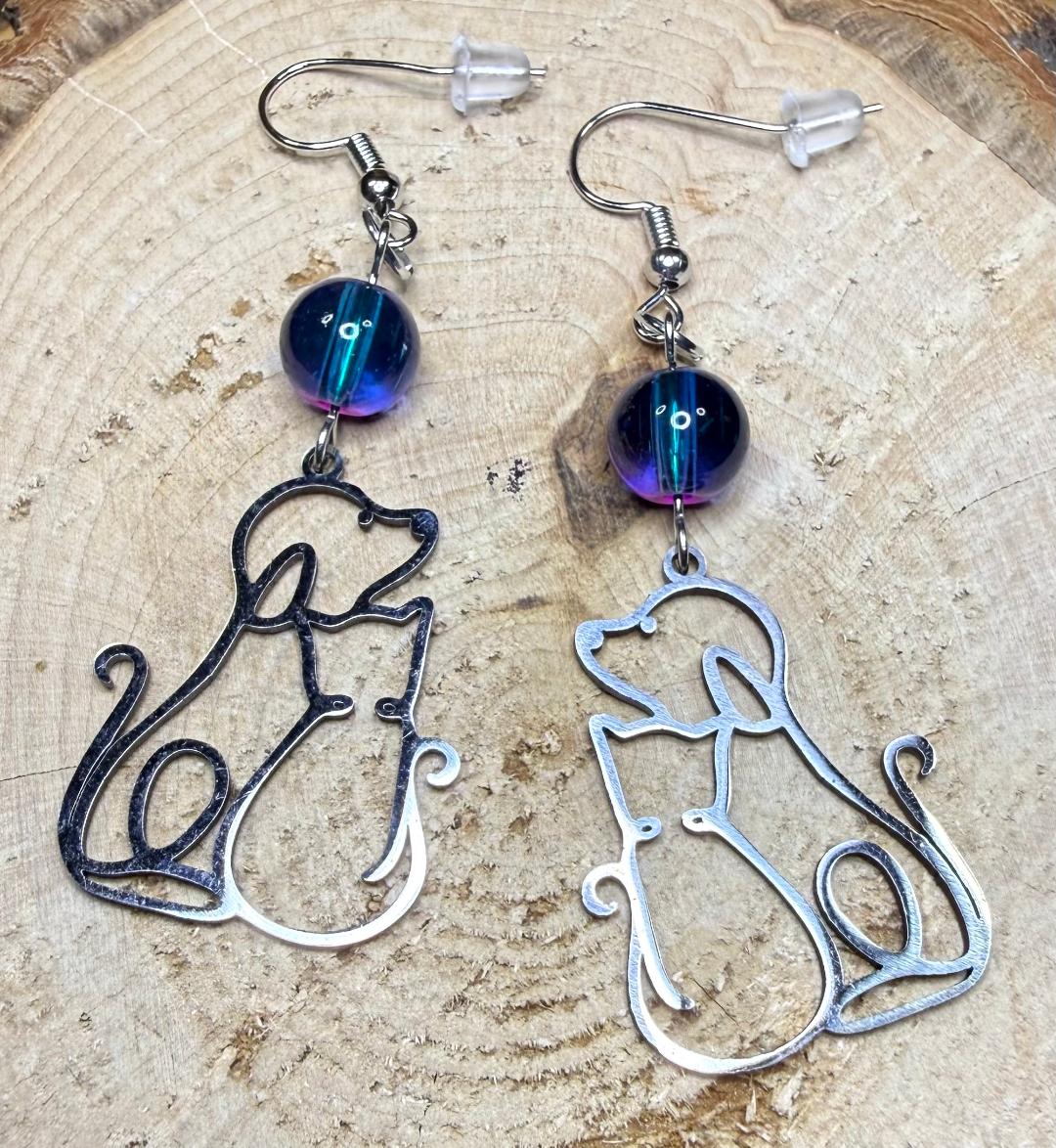 NEW Dog & Cat Friends Silver Stainless Steel Earrings