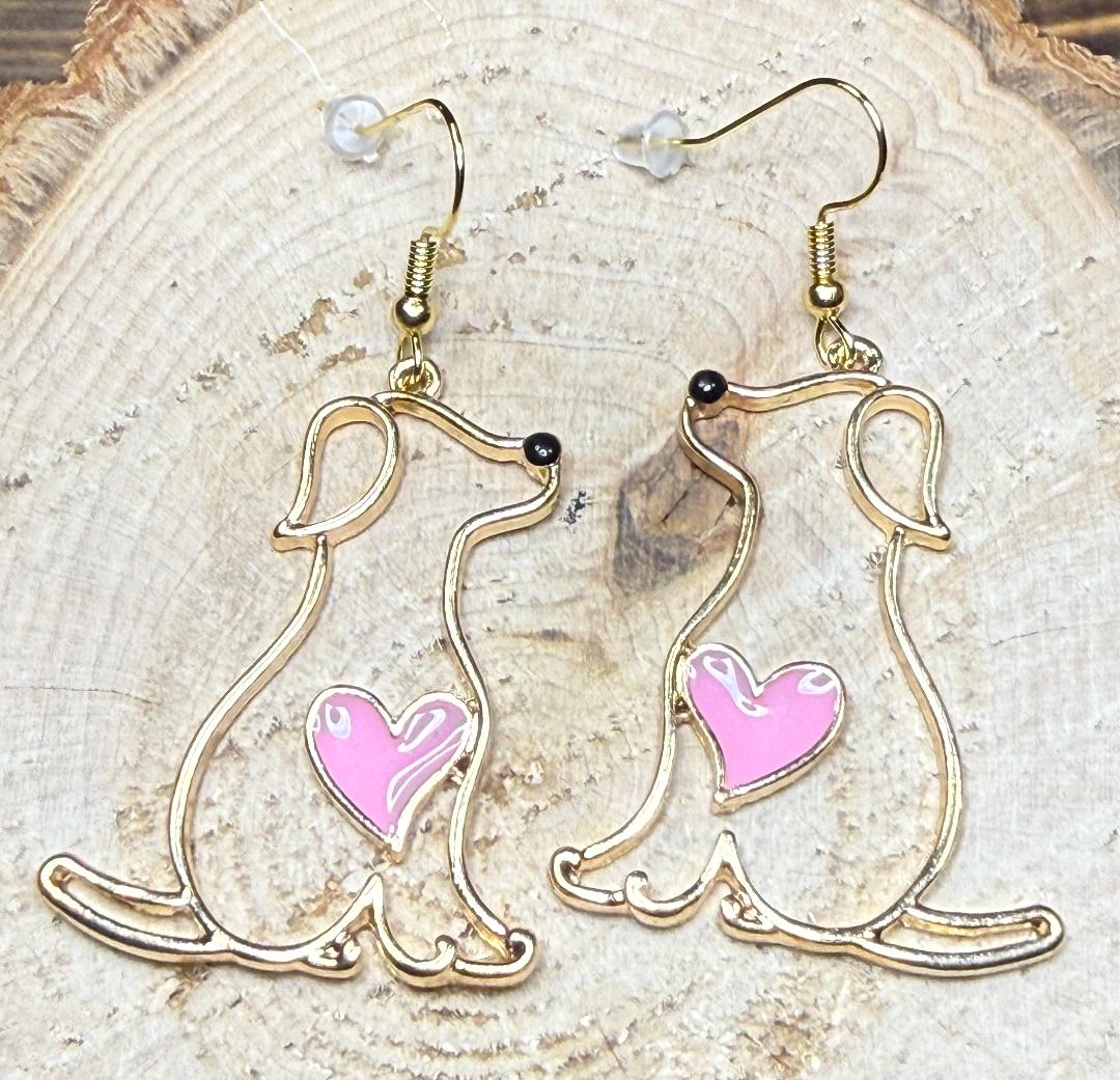 NEW Goldtone Large Dog Outline Earrings w/ Pink Heart Center