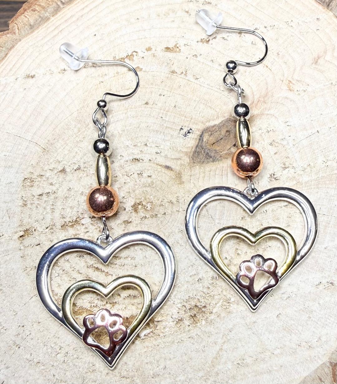 NEW Dog Cat Paw Double Heart Earrings