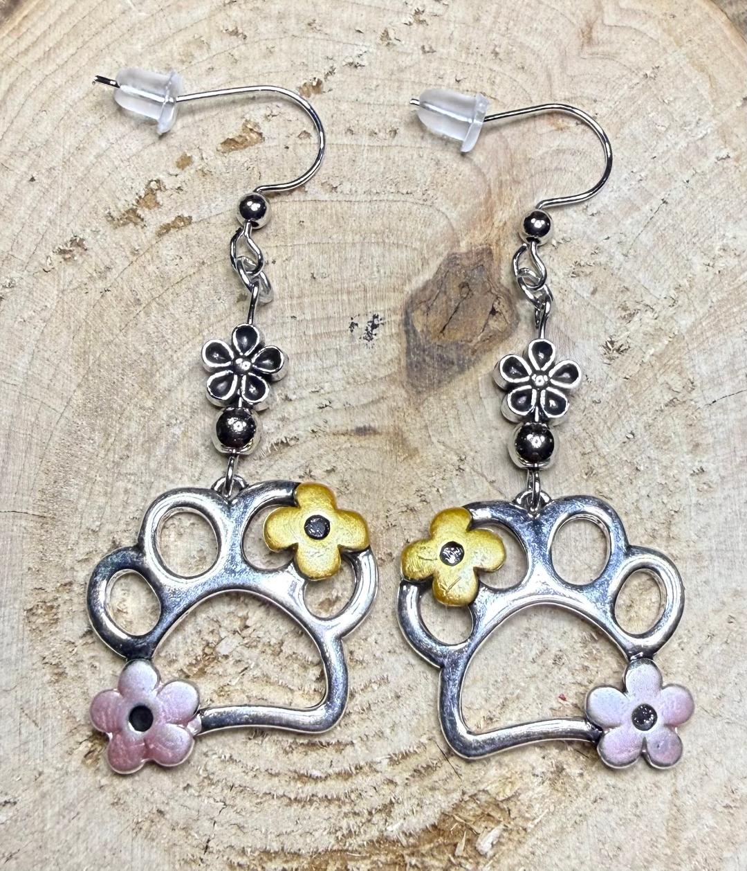 NEW Adorable Dog Cat Pet Paw Earrings w/ Flowers