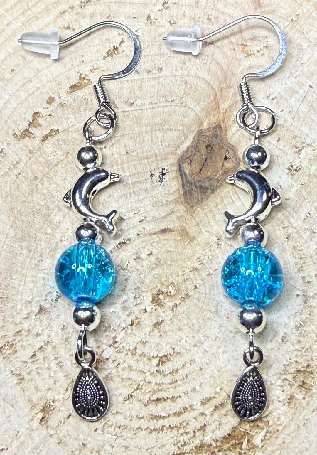 NEW Sea Life Dolphin Earrings w/ Aqua Blue Glass Crackle Beads
