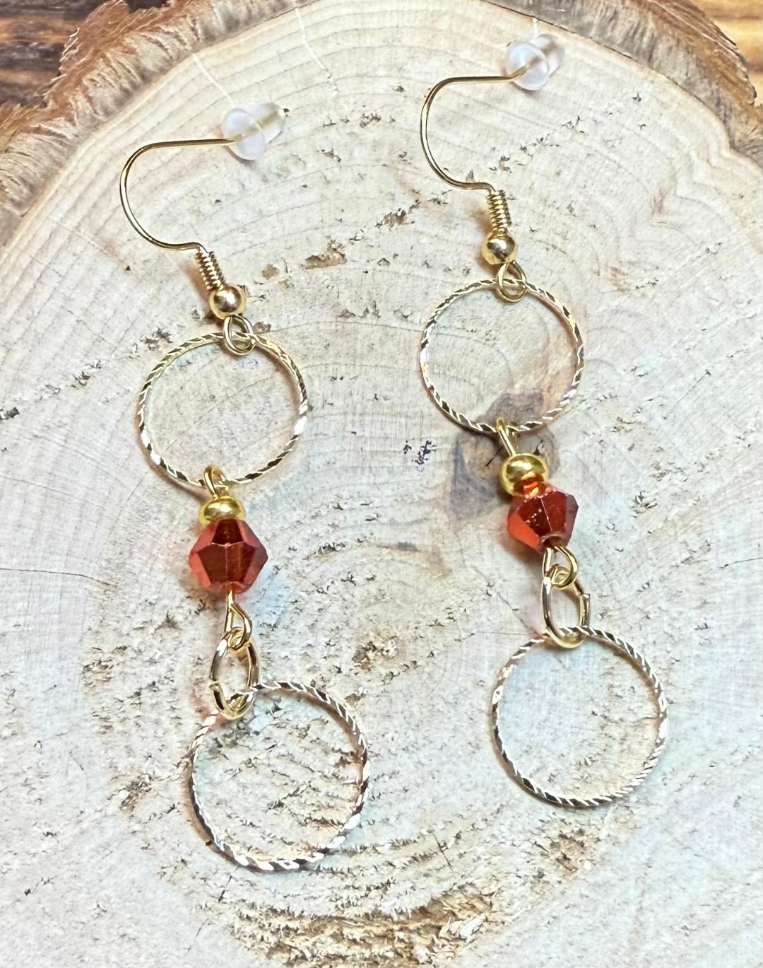 NEW Double Gold Embossed Ring Earrings w/ Amber Glass Beads
