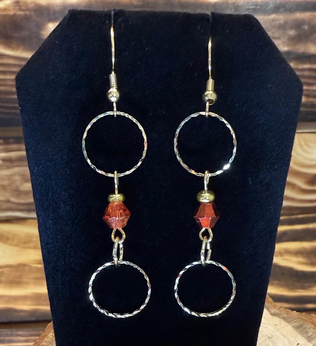 NEW Double Gold Embossed Ring Earrings w/ Amber Glass Beads