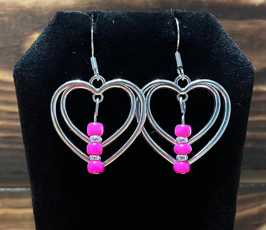 NEW Double Heart Hoop Earrings w/ Pink Beads